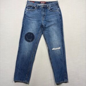 Lucky Legend Jeans Boy Mid Rise Relaxed Straight Distressed Patched Blue Sz 26